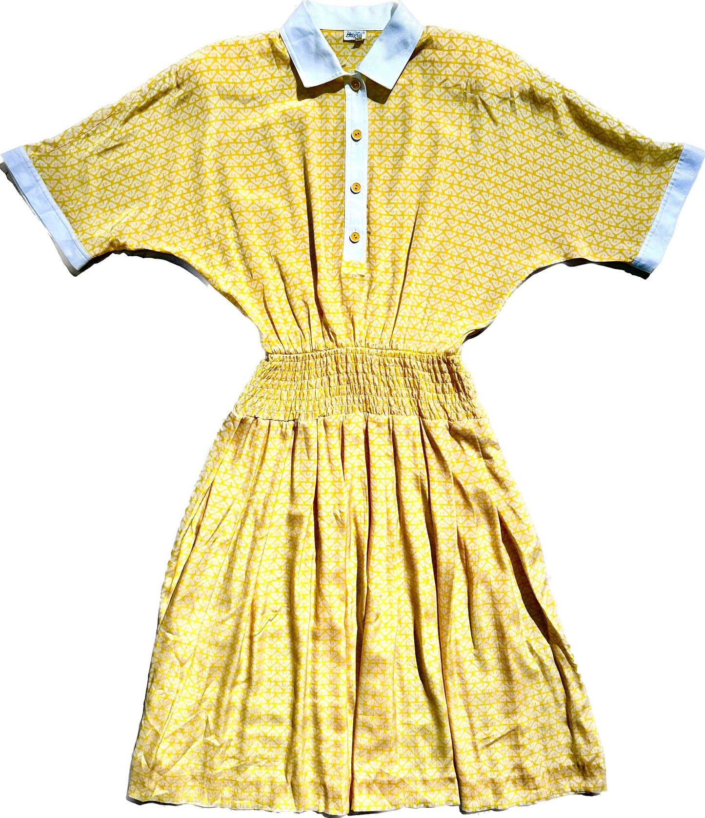 Bugia 1970s canary yellow / white geometrical print silk blend mido dress, preppy/ BonTon vibe, NOS