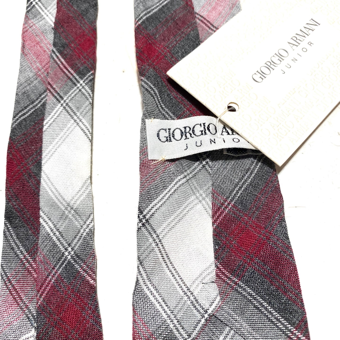 Giorgio Armani junior vintage slim cotton burgundy/grey/white tartan tie, 90s NOS, 2 available