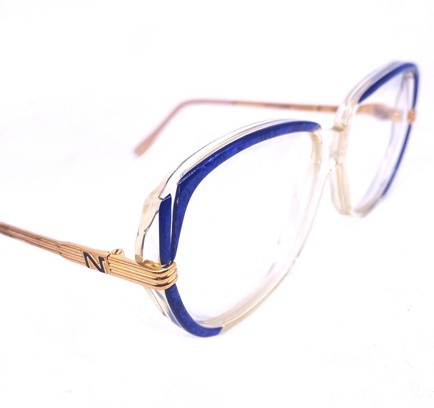 Nina Ricci square oversized blue-gold eyeglasses frames hand made in France in the 80s, gorgeous and minty