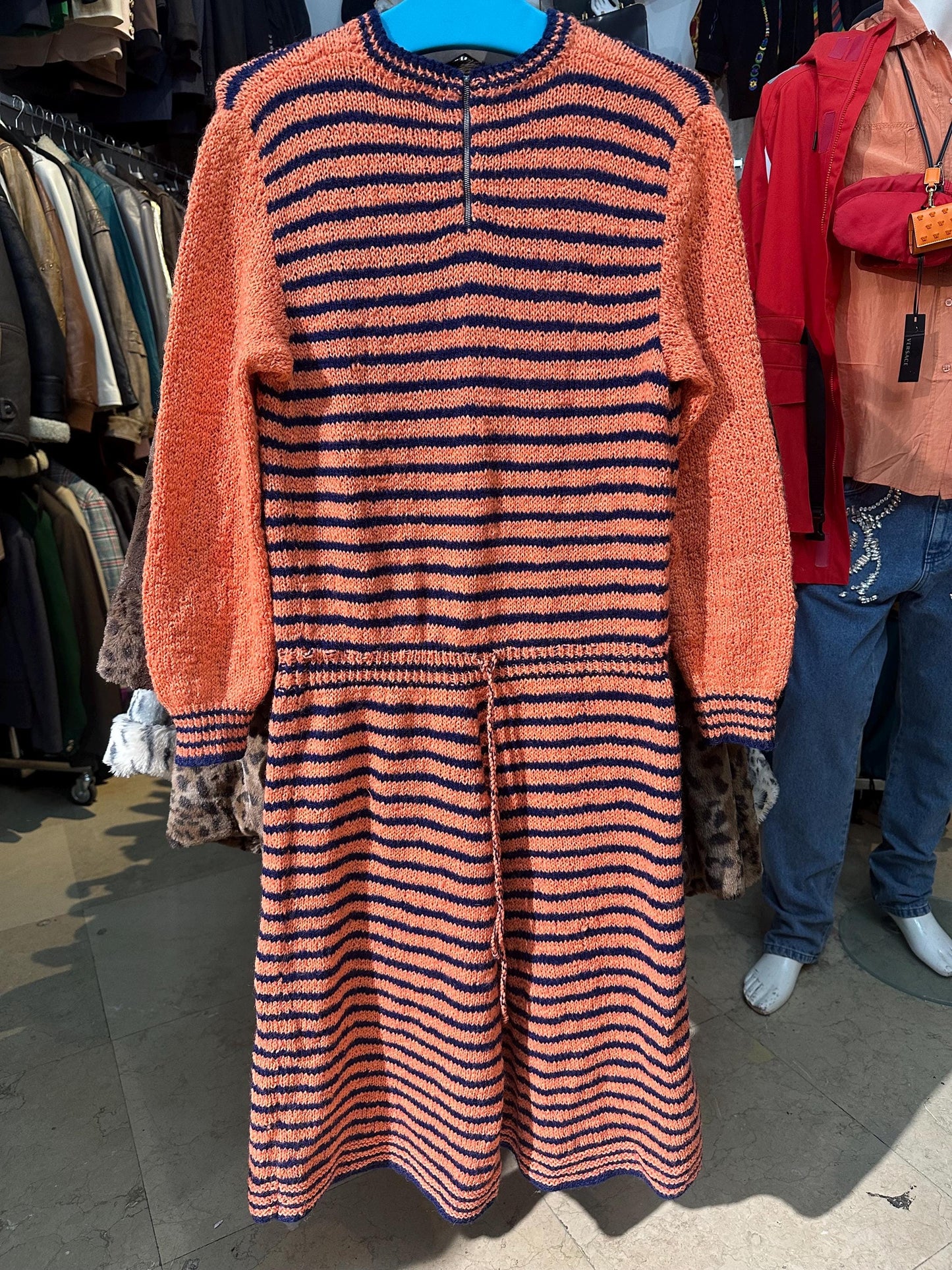 One of a kind Orange - Navy Striped hand knit maxi dress made in Italy in the 70s, in perfect condition.