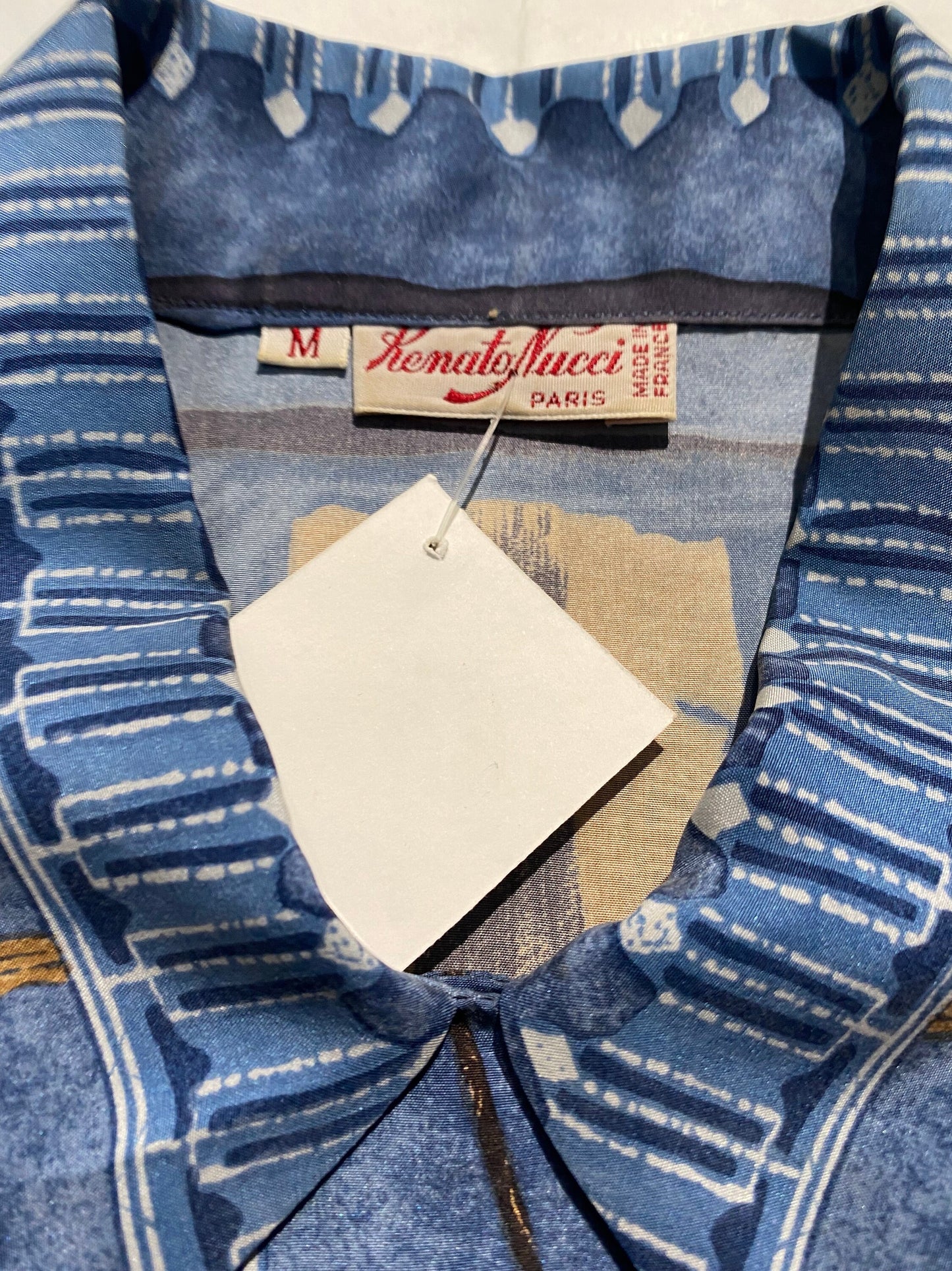 Renato Nucci Paris pure silk scarf print blue/beige ethnic inspired shirt, mint condition sz M