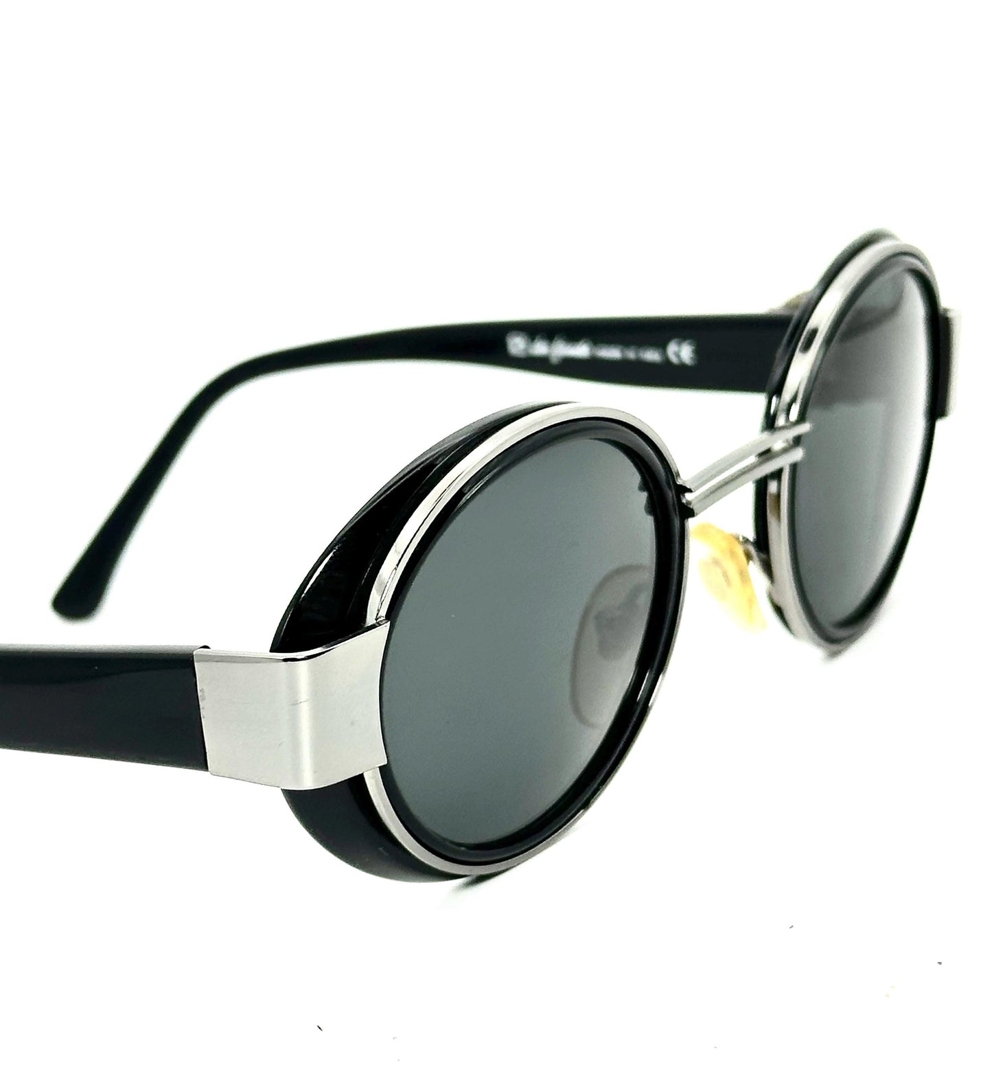 M.Burani 5100 rare black-sober round side shields sunglasses w metal rose detail, NOS 80s Italy