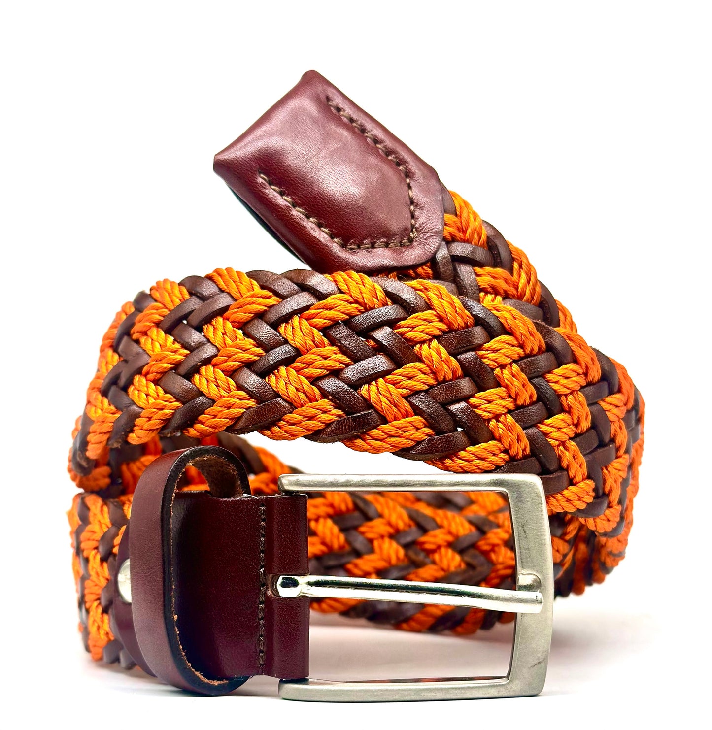 1990s Navajo beige cured leather belt with black/brown string embroidery allover sz 85