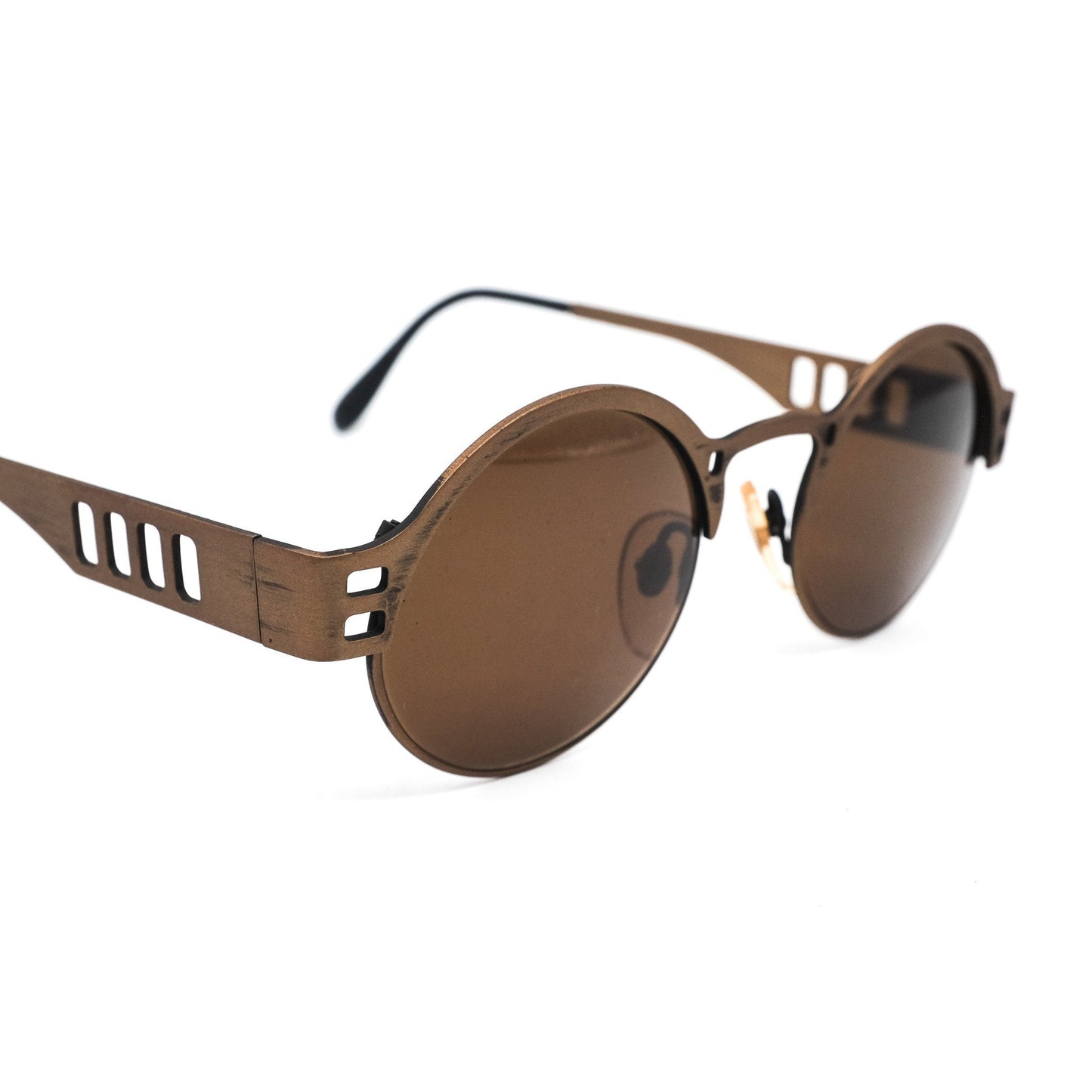 AndBad round steampunk sunglasses w cutoff detailed temples, made in antiqued brass metal , NOS 80s Italy