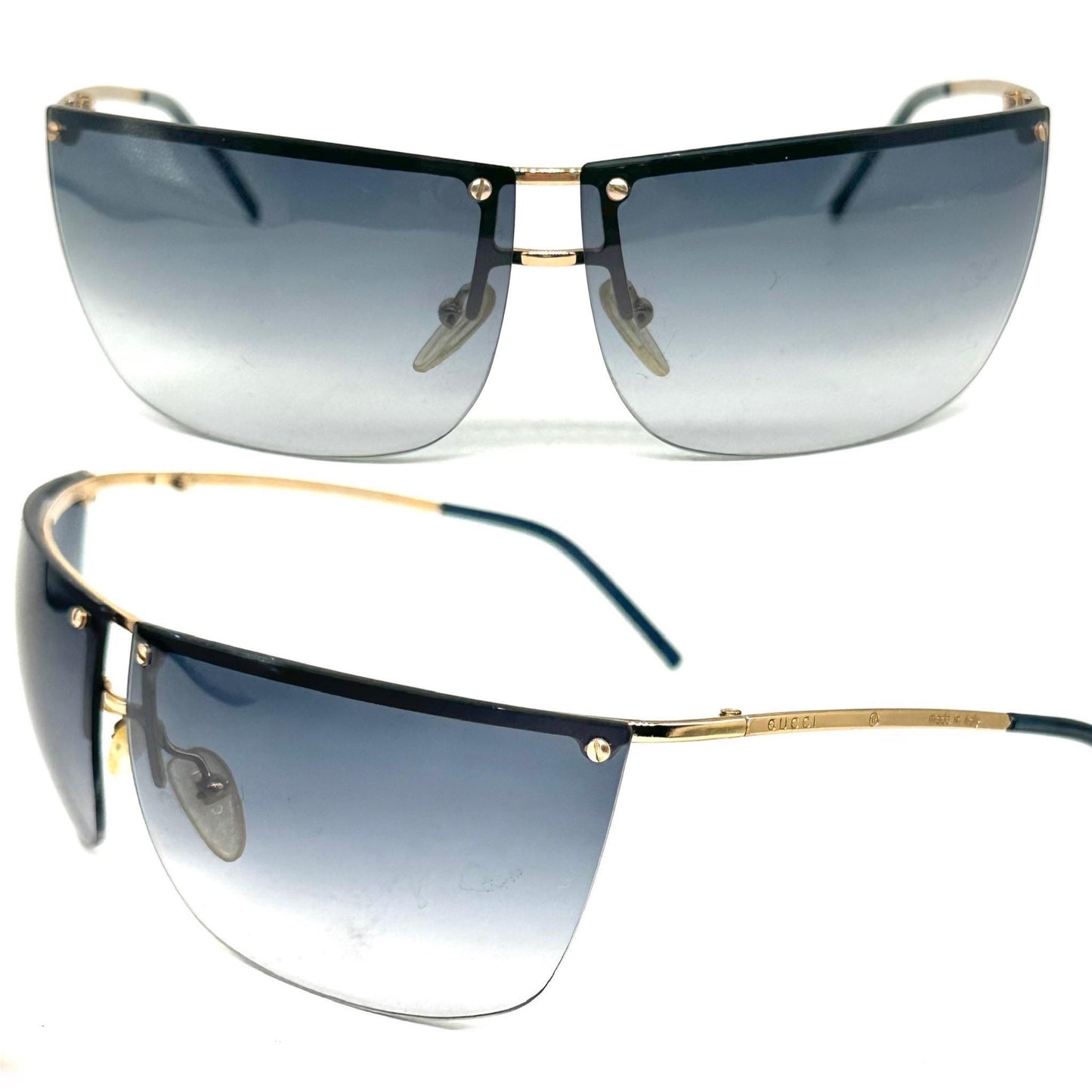 Gucci GG2653 golden rimless wrap sunglasses w grey fade lenses, NOS early Y2K Italy mint