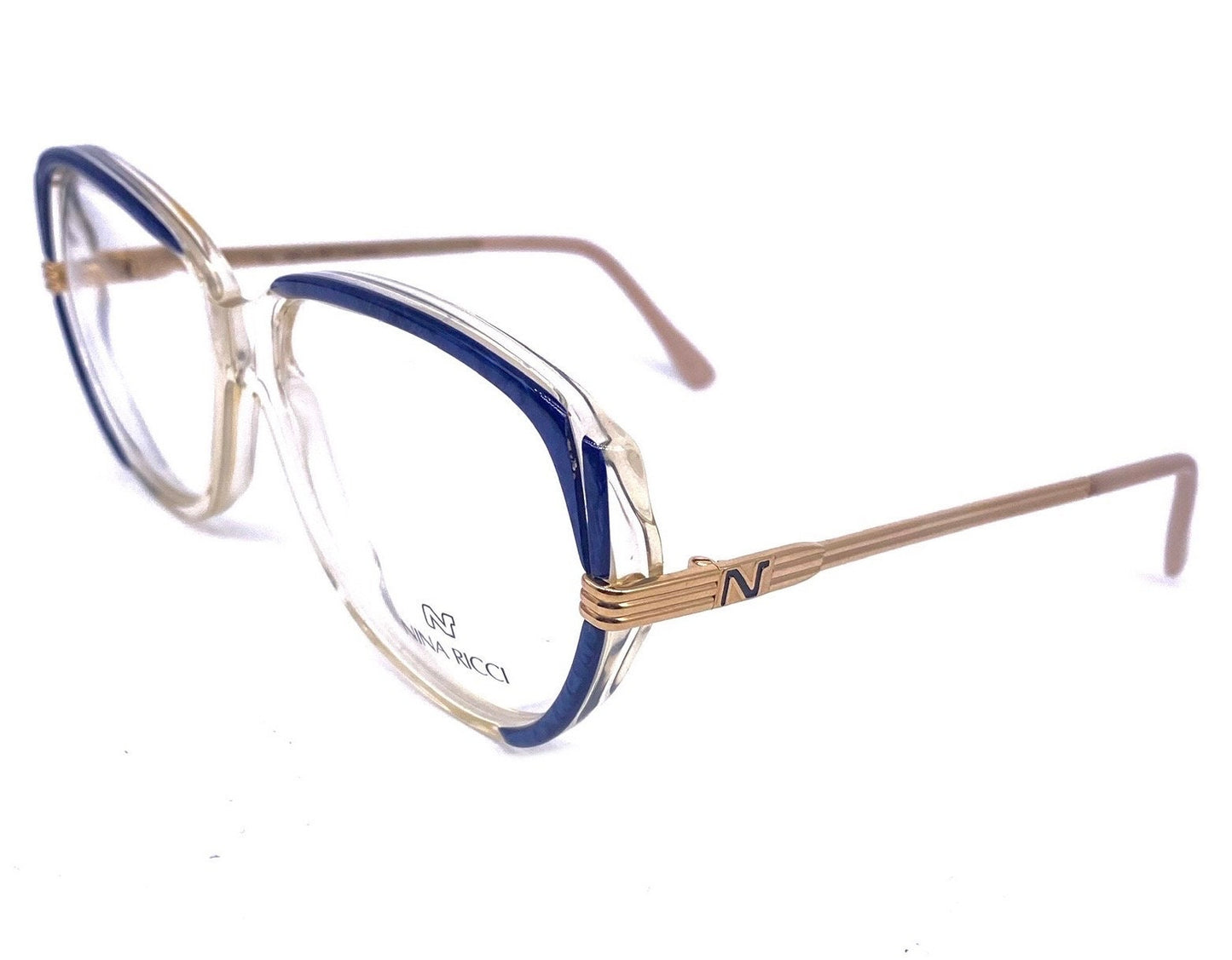 Nina Ricci square oversized blue-gold eyeglasses frames hand made in France in the 80s, gorgeous and minty