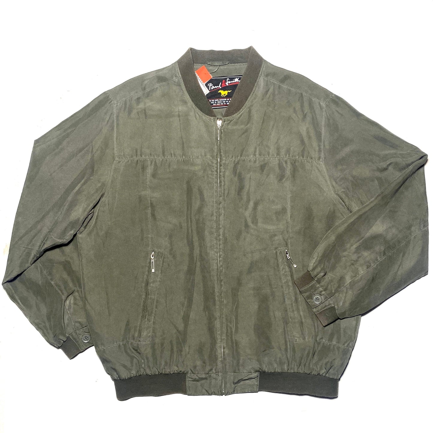 Paul R. smith pure silk military green bomber jacket sz 52 XL, mint condition.