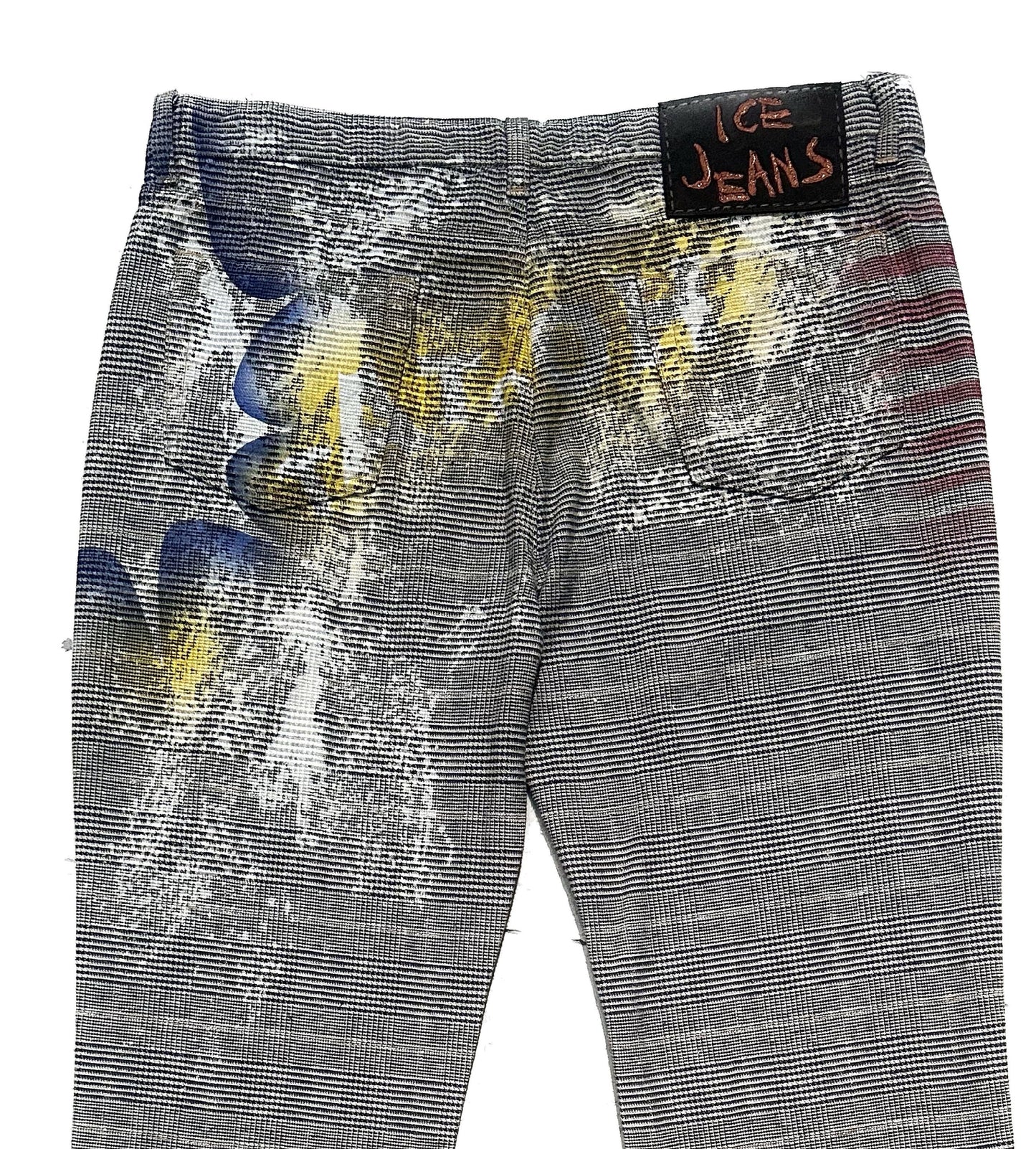 Iceberg Jeans flared checkered cotton trousers w pop- US flag inspired serigraphic hand print, stunning NOS 90s sz 32