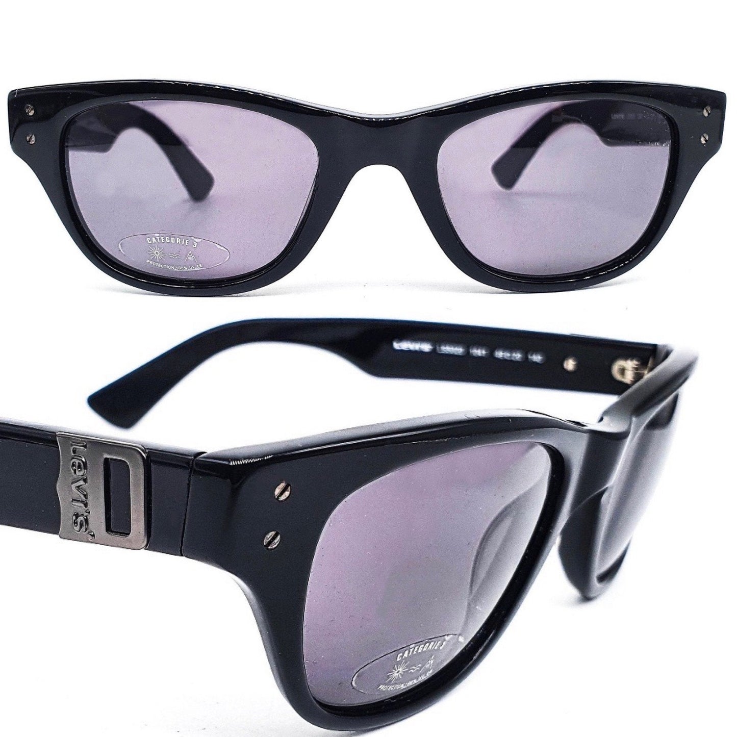 Levi’s classic retro square black acetate sunglasses with gunmetal logo inserts, NOS 90s Italy
