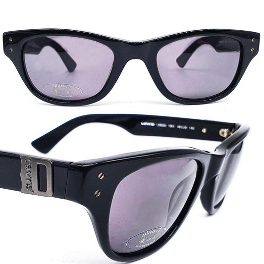 Levi’s classic retro square black acetate sunglasses with gunmetal logo inserts, NOS 90s Italy
