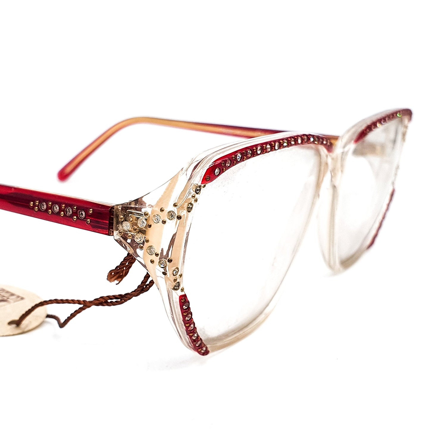 Fendi FV54 oversized glasses in clear/ burgundy acetate w crystals detailing, NOS 80s Italy