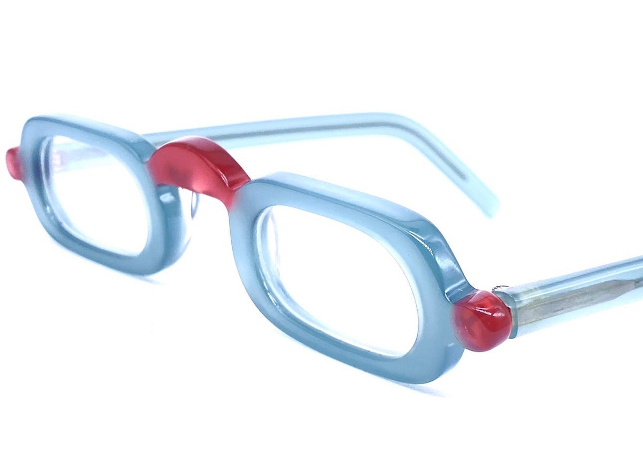 Tilt modernist celluloid reading eyeglasses hand made in Italy, coming in Green or clear color, 80s NOS