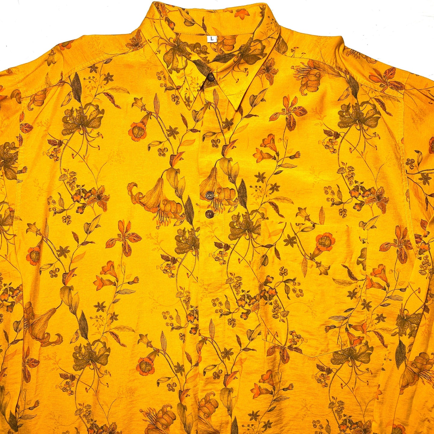 Boho botanical print orange viscose shirt, 1980s new old stock