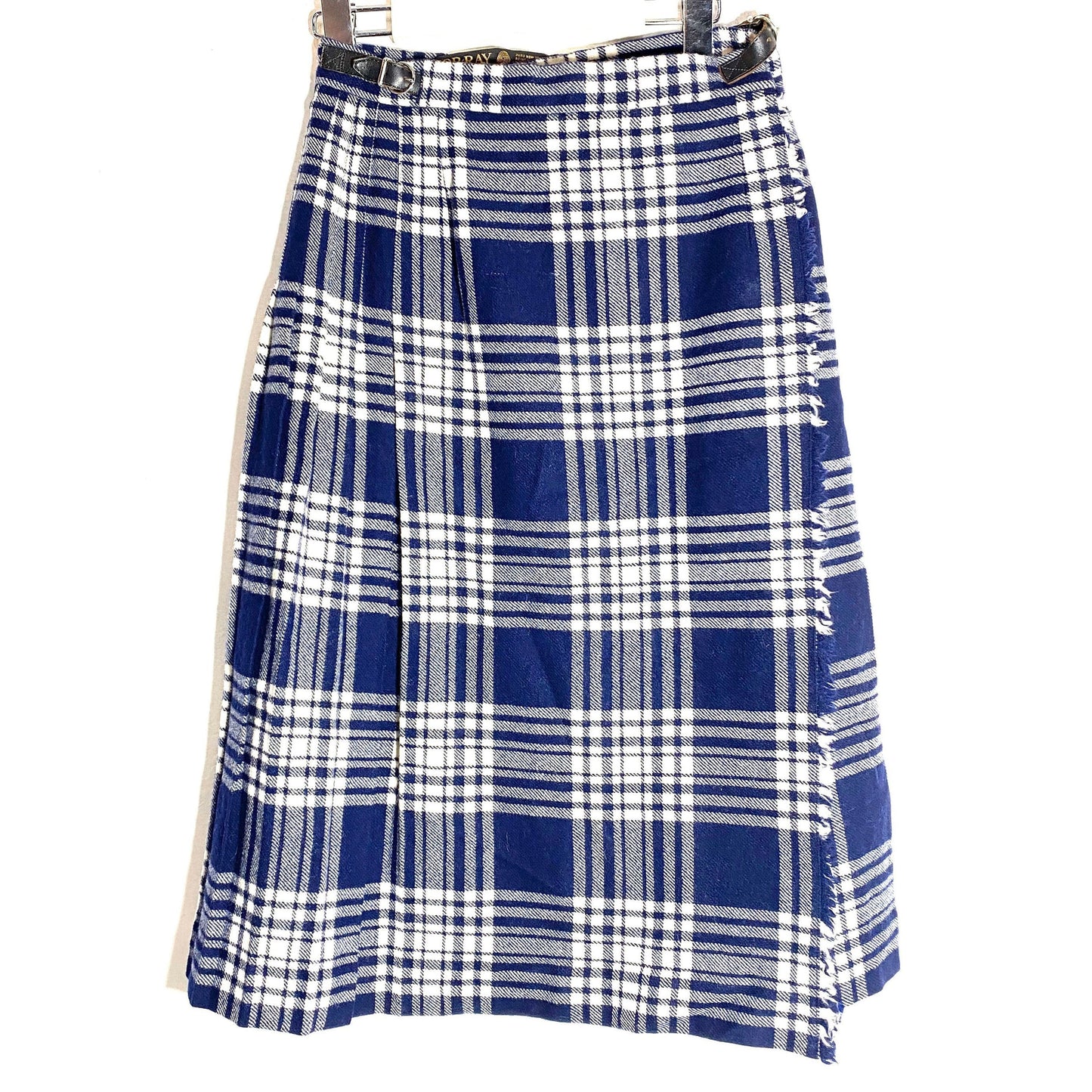 Gore-Ray blue-white tartan kilt, long skirt with leather straps, mint condition, 80s made in Uk