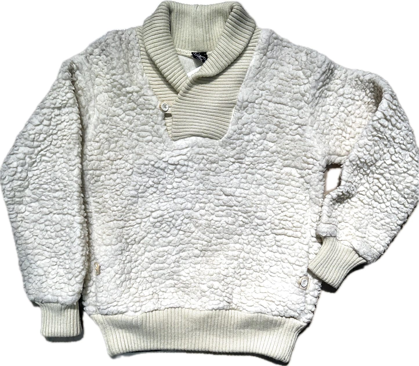 Fascino rare 1970s sherpa- faux shearling jumper w knitted borders, finest quality hand made garment, mint.