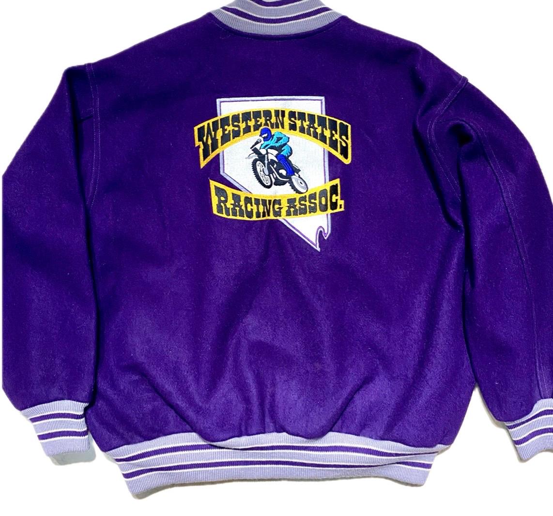 Western St. Racing Ass. Purple wool Varsity Jacket w embroidered details, XL