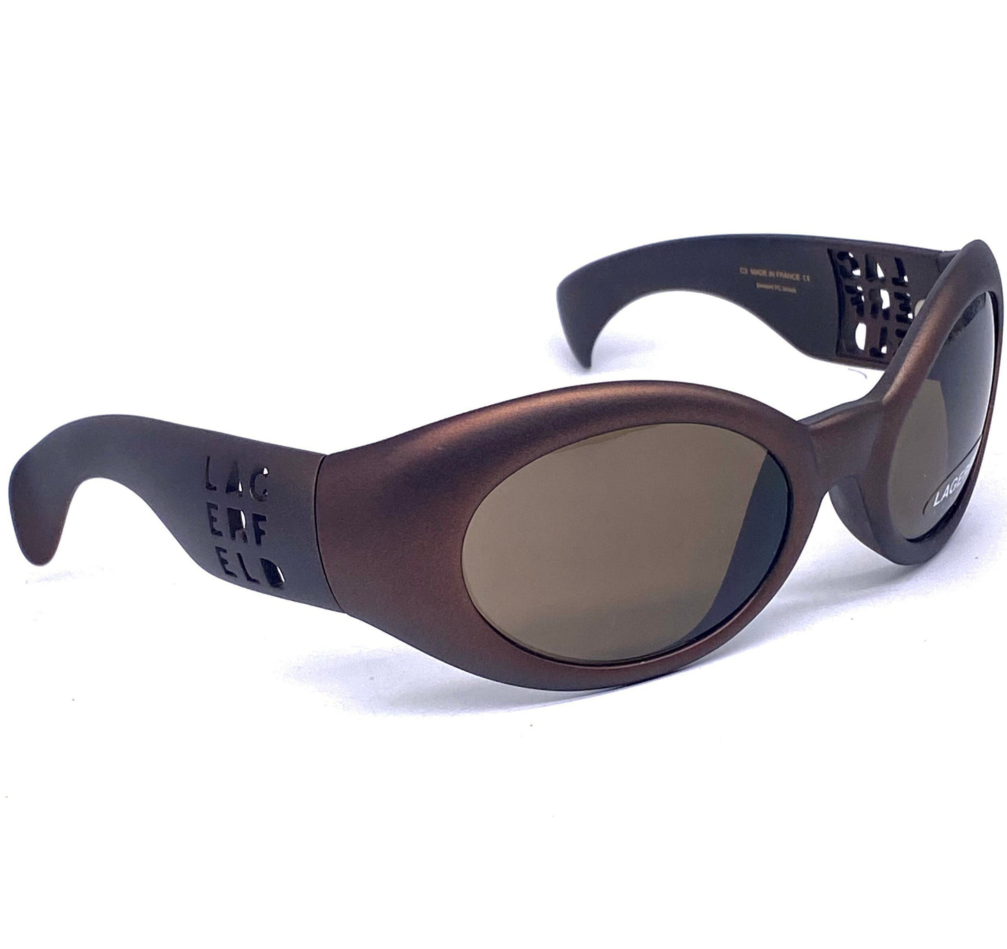 Lagerfeld 4114 oversized bug-eye copper cello sunglasses w cutoff logo, made France 90s NOS