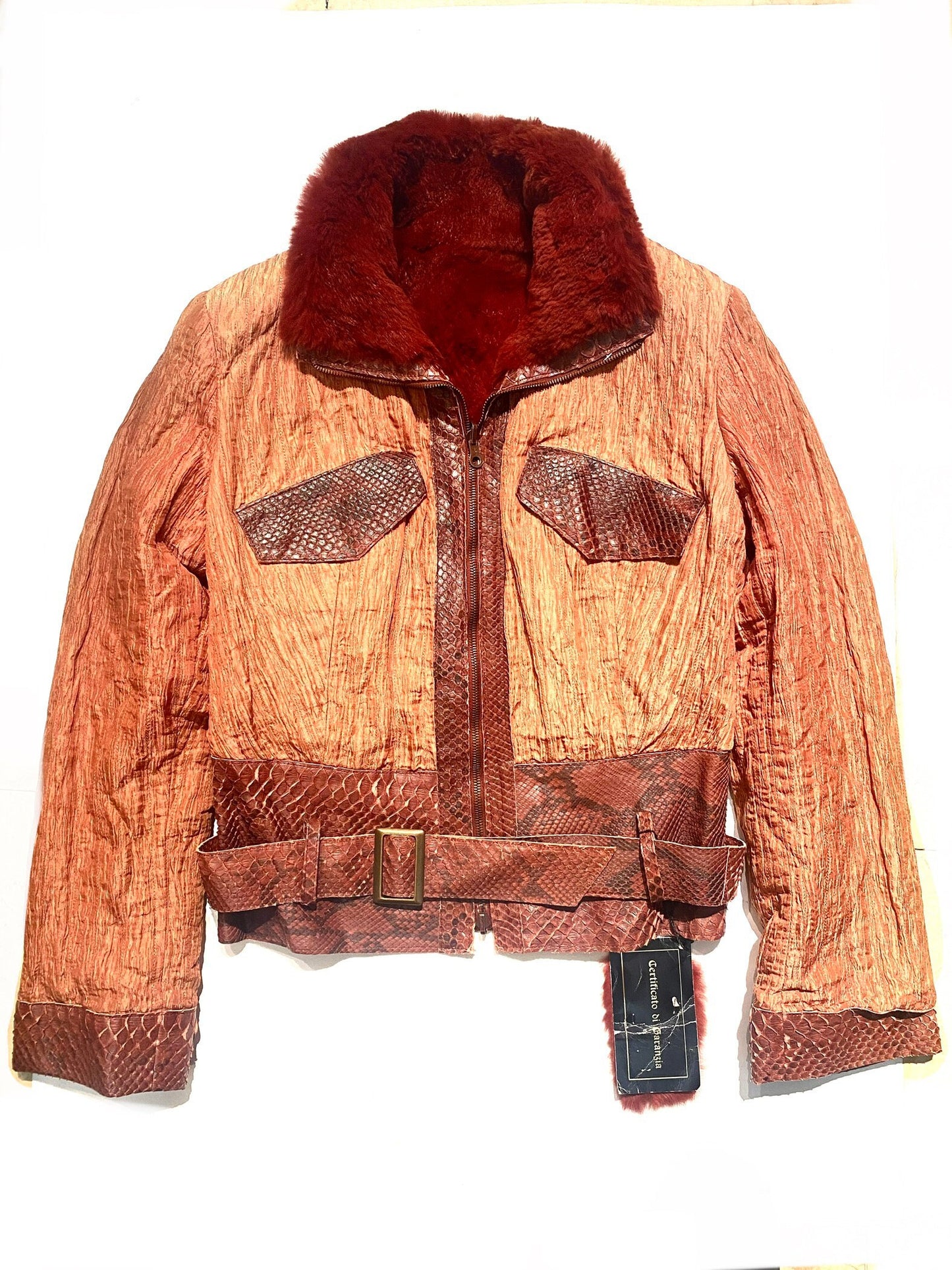 Artisanal 2 in 1 lapin fur / satin crèpe  jacket w python leather details, NOS 90s Italy sz 46