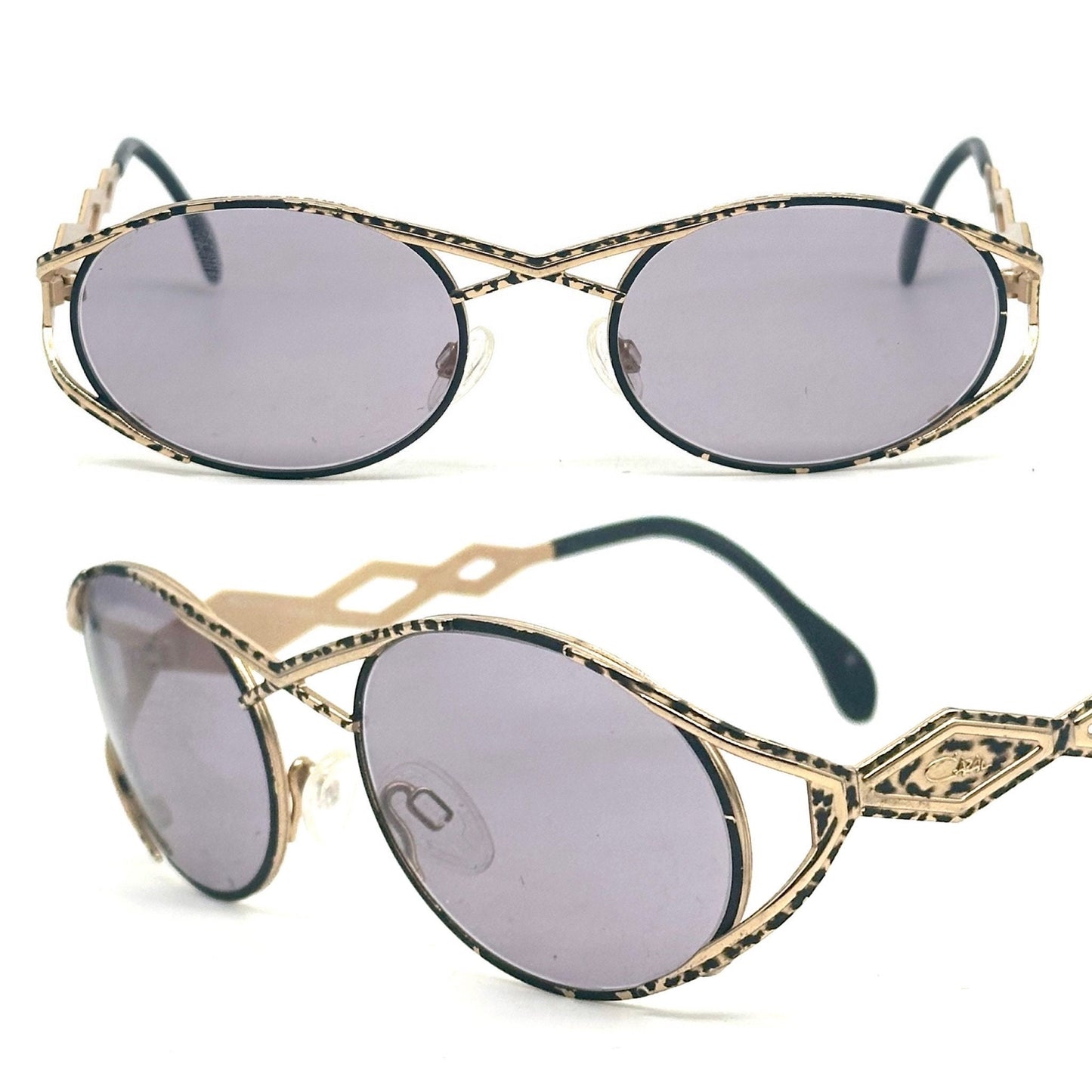 Cazal MOD 977 x cross bridge-temples oval golden metal sunglasses w black enameled details, mint