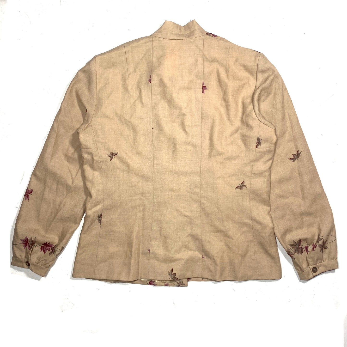 1960s beige light wool blouse with silk lining, floral motif and bow/tie collar, sz M mint