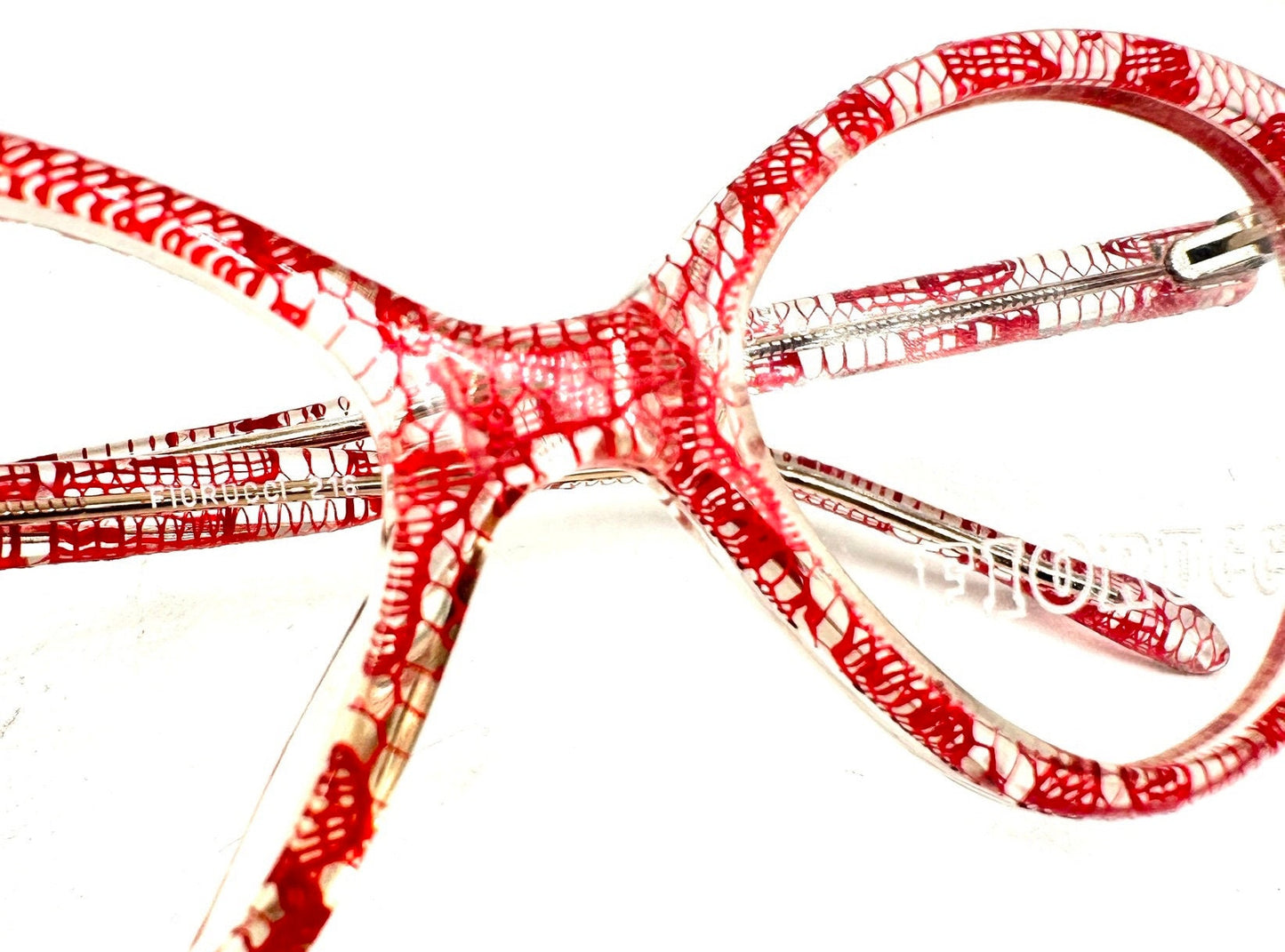 Fiorucci 218 clear cateye glasses frames w red laces inlaid, NOS 80s Italy