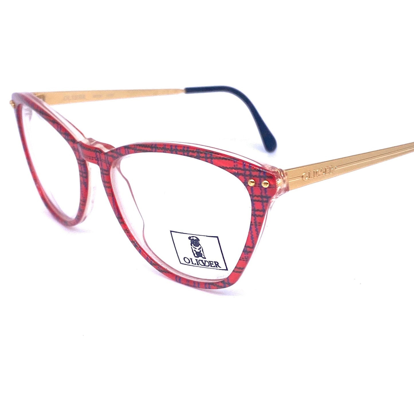 Oliver by Valentino red tartan cateye frames w keyhole bridge & golden metal temples, NoS anni '80