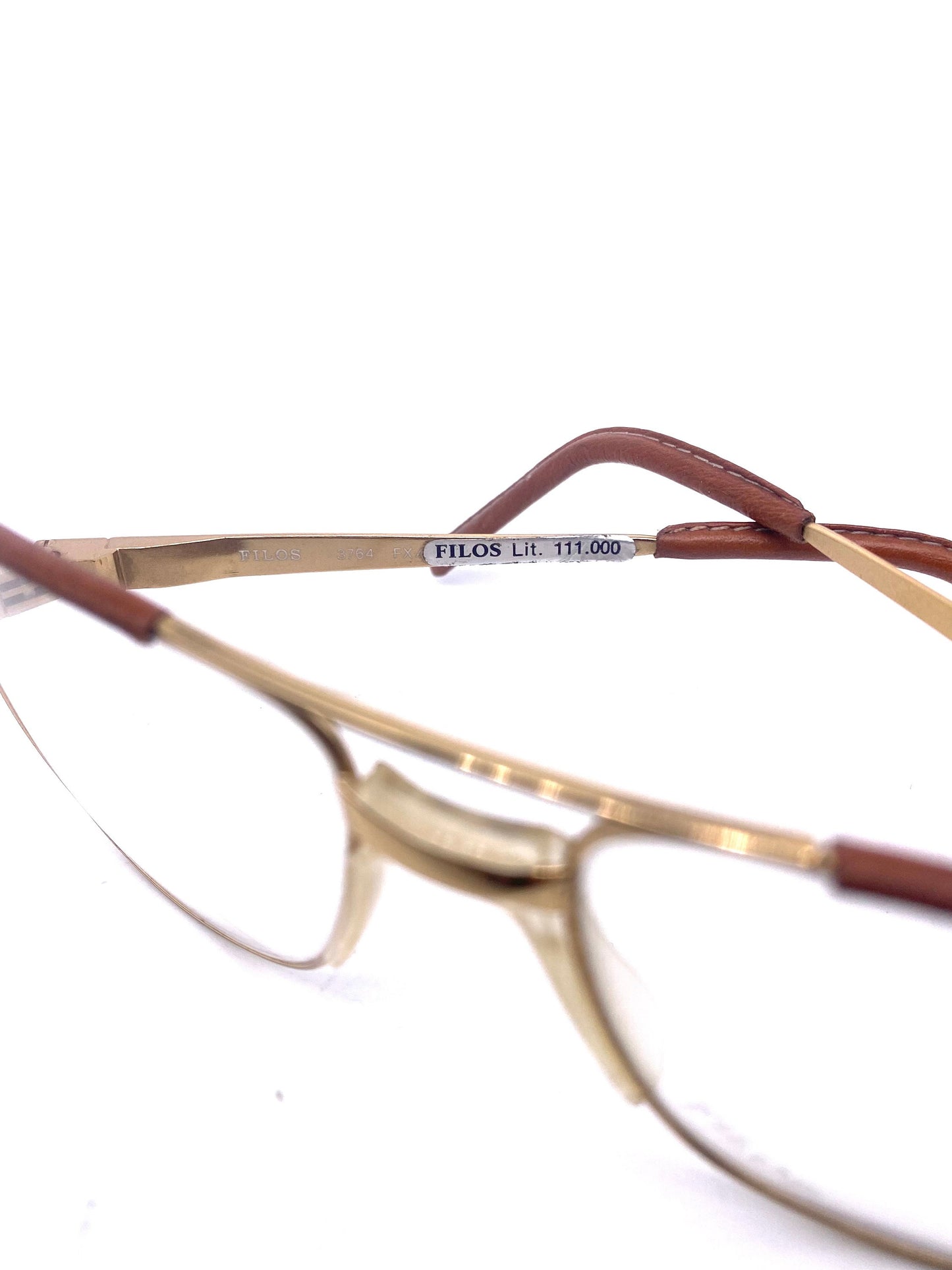 Filos dbl bridge square golden metal aviator frames with leather inserts, NOS 80s hand made in Italy