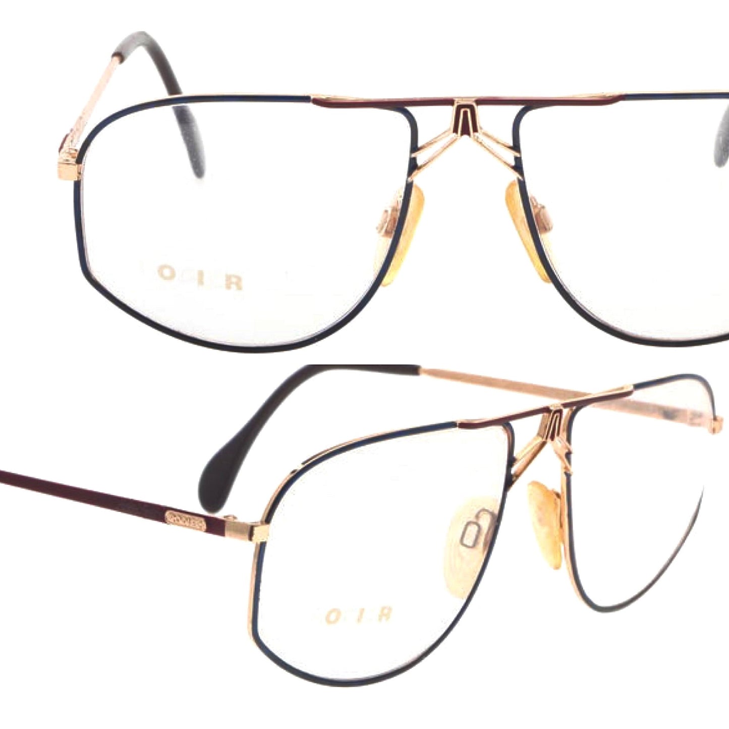 Rodier golden aviator frames w enameled navy rims & burgundy bridge and temples, NOS 80s Germany