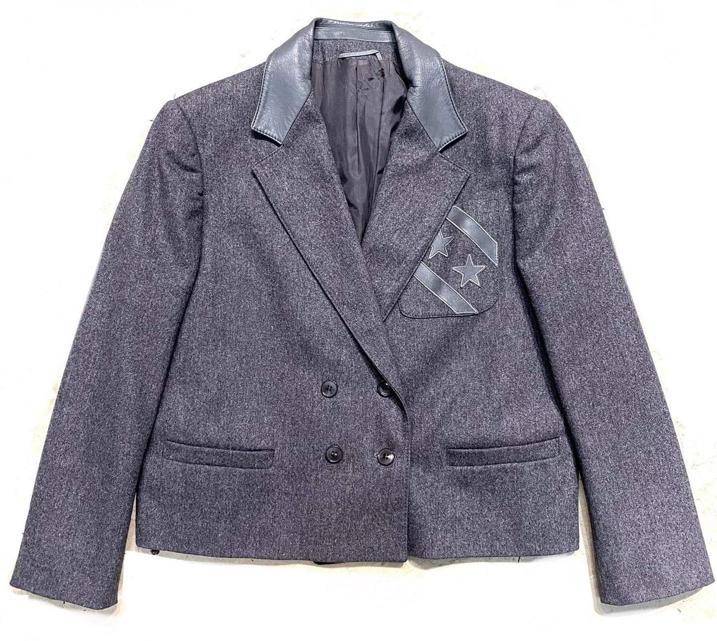 Parade military inspired grey wool blazer with leather details & star patches, Mint 80s Italy
