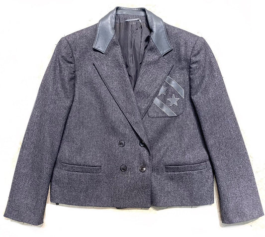 Parade military inspired grey wool blazer with leather details & star patches, Mint 80s Italy