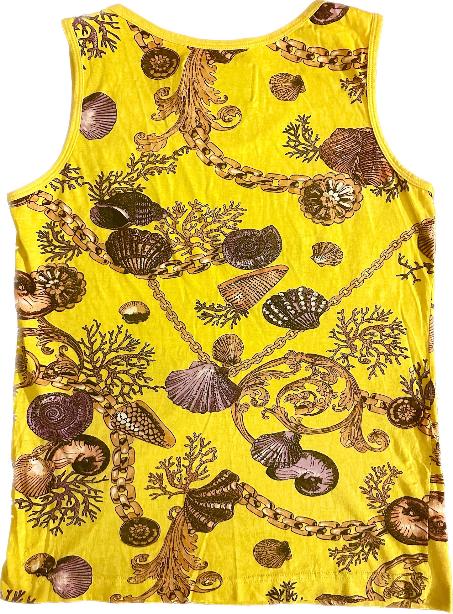 GroupTex baroque sea shells/ stars maritime print yellow cotton tank top, 90s sz L