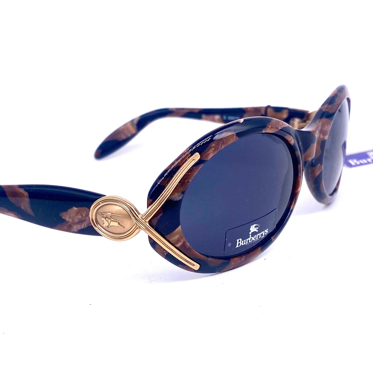 Burberrys oval wrap tortoise sunglasses w Carved logo on golden metal hinges , NOS 90s