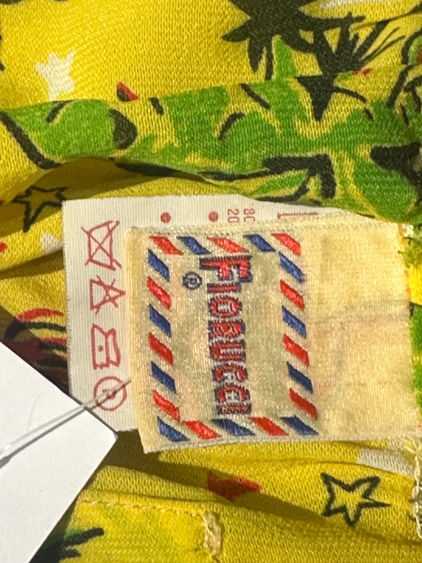 Fiorucci cool yellow Aloha beach trousers w Palms, surfers and stars/moon allover, Italy 80s