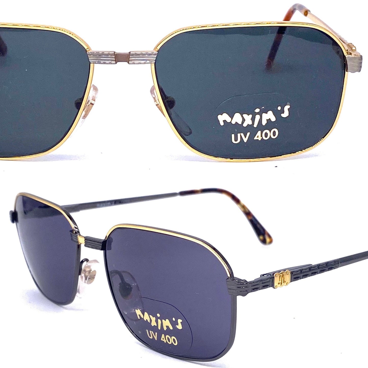 Maxim’s de Paris luxury rectangular metal sunglasses w carved details, in 2 colorways, NOS 90s Italy