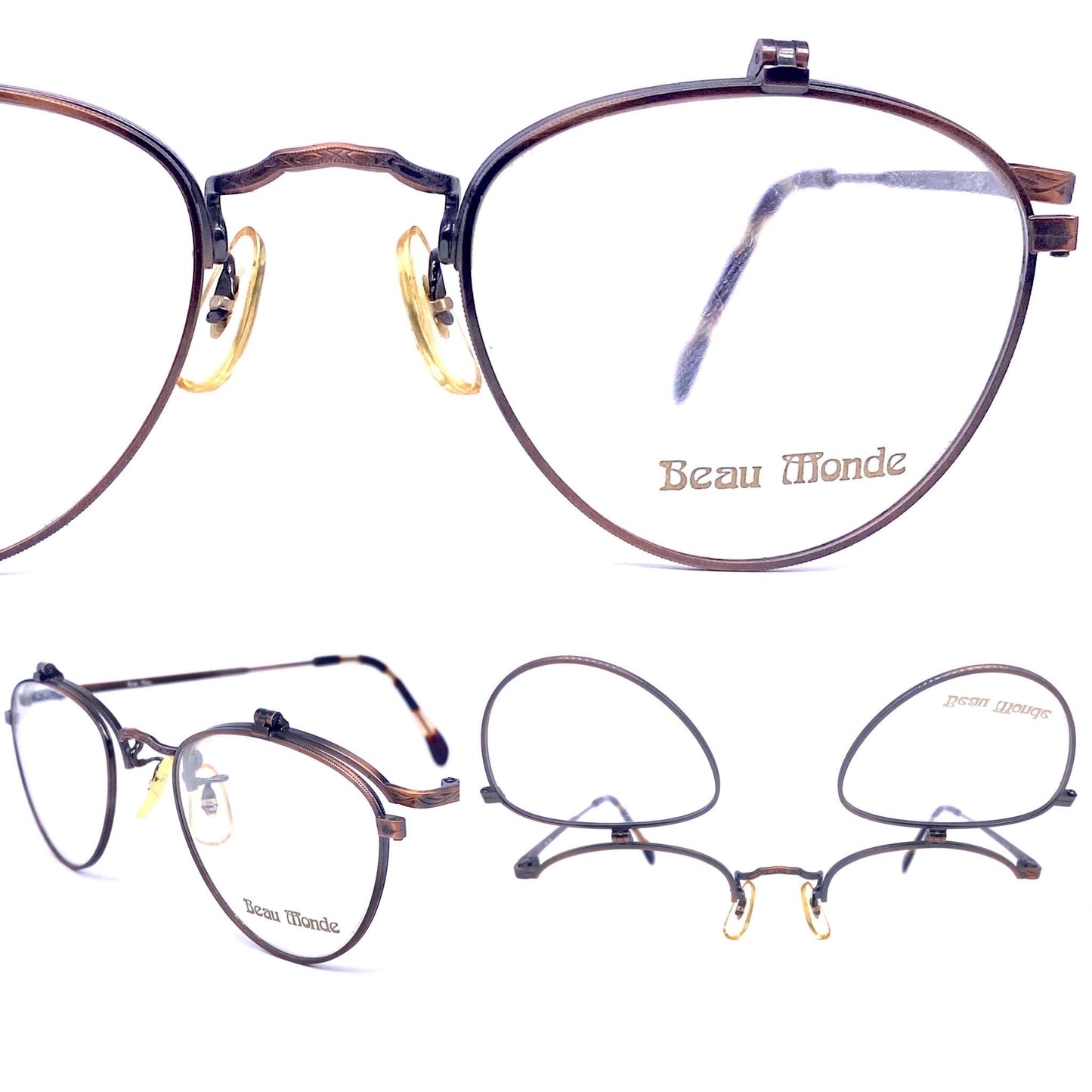 Beau Monde Yorkshire round antiqued copper flip-up eyeglasses frames, super hip piece made in Japan 80s NOS