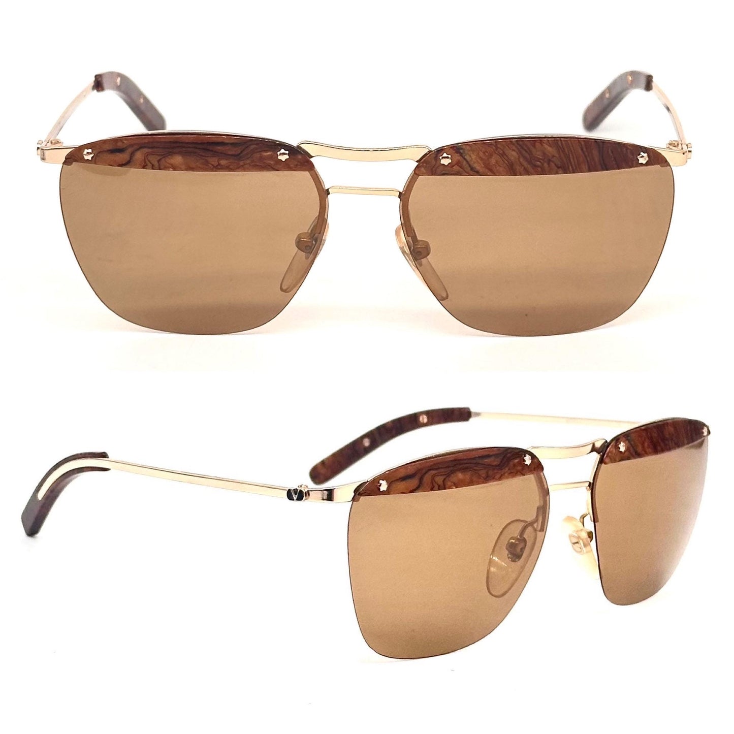 Valentino MOD 606 vintage rare golden sunglasses with fluid marble brown parts 80s NOS Made in italy