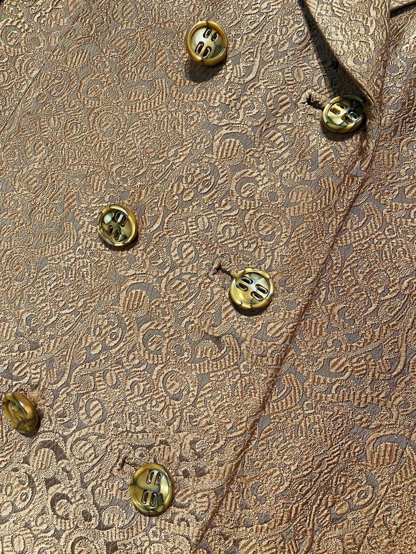 1960s sartorial dbl breast coat in jacquard satin brocade allover, cameo color w beige lining, as new
