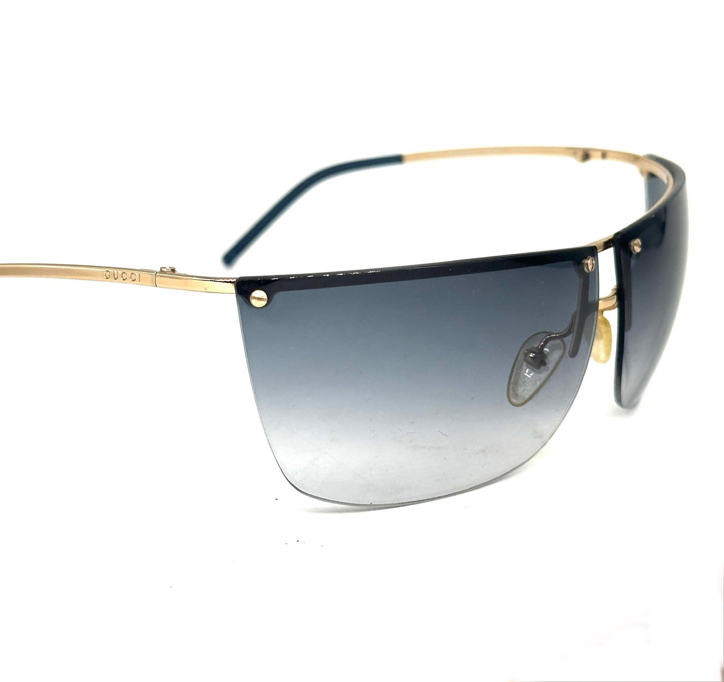 Gucci GG2653 golden rimless wrap sunglasses w grey fade lenses, NOS early Y2K Italy mint