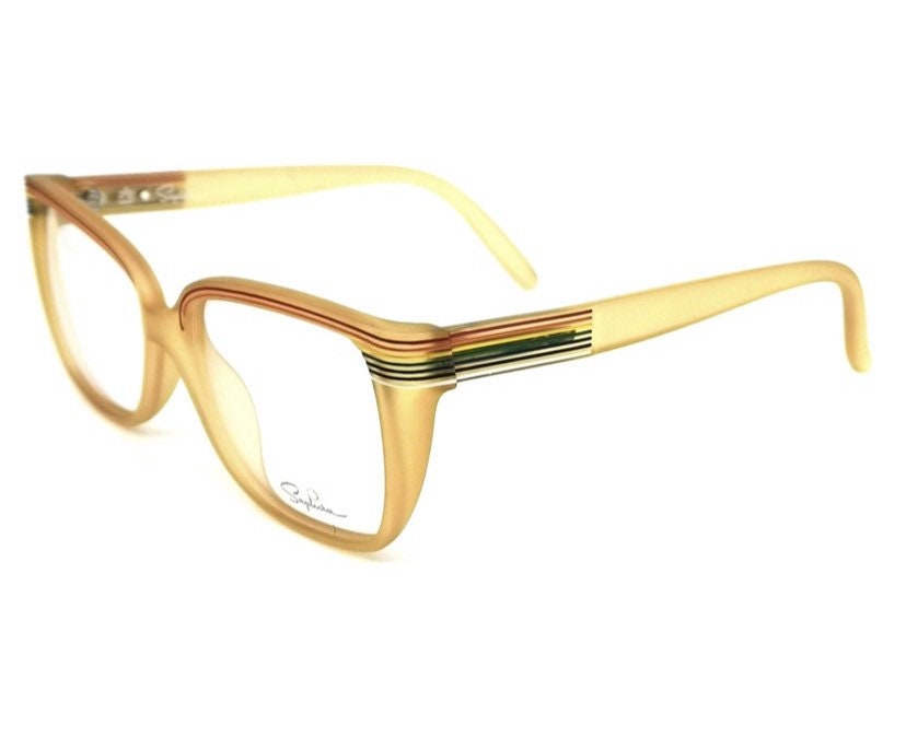 Saphira 4099 thick squared amber glasses with carved striped enameled in rainbow colors, NOS 80s