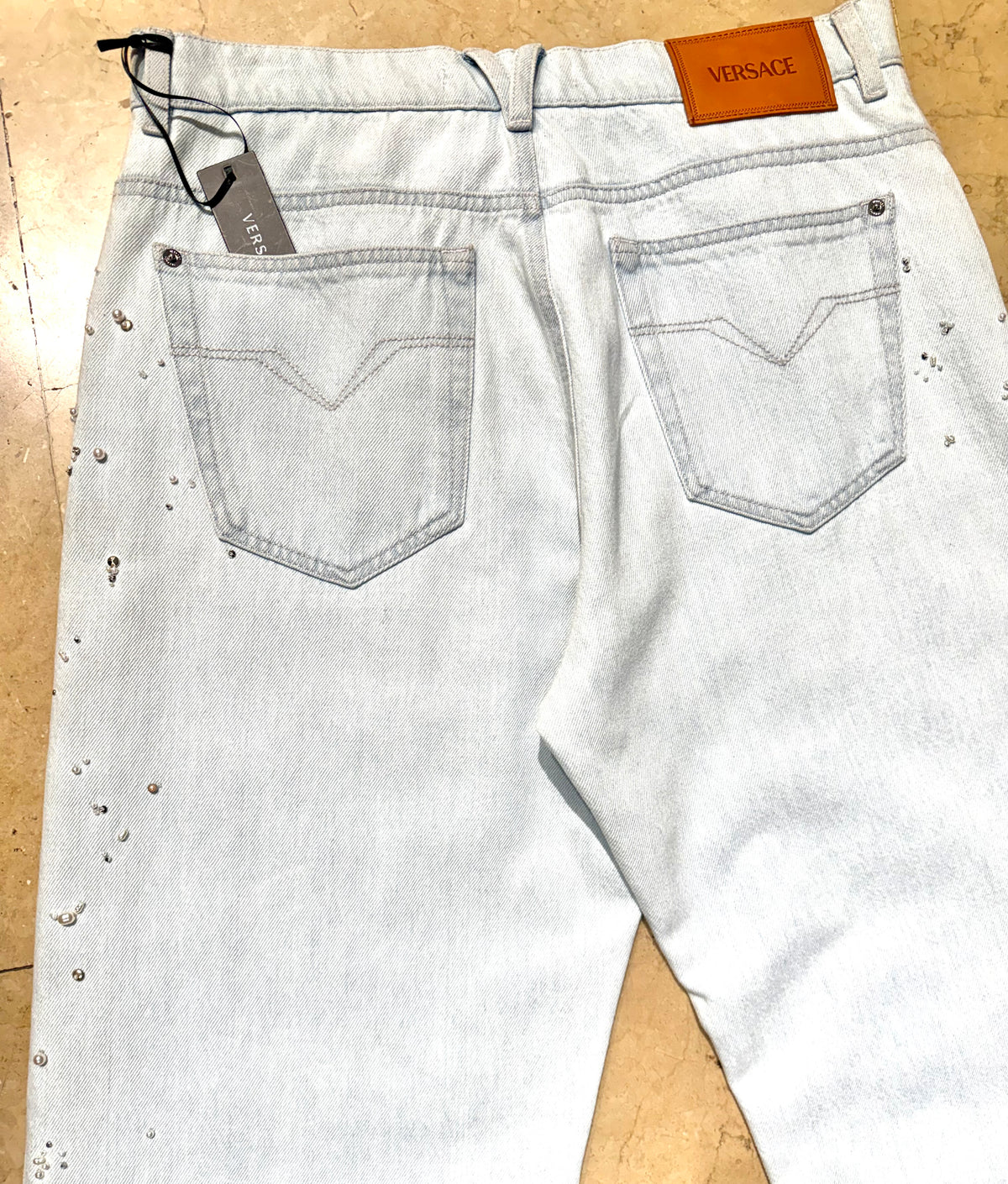 Versace luxury hand Embroidered light denim trousers/ jeans made in Italy, NOS w tags sz 32