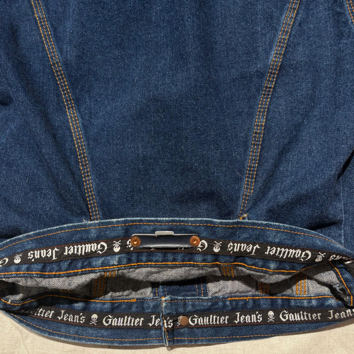 Jean’s Paul Gaultier indigo denim jacket w/ gothic details, Sz S mint