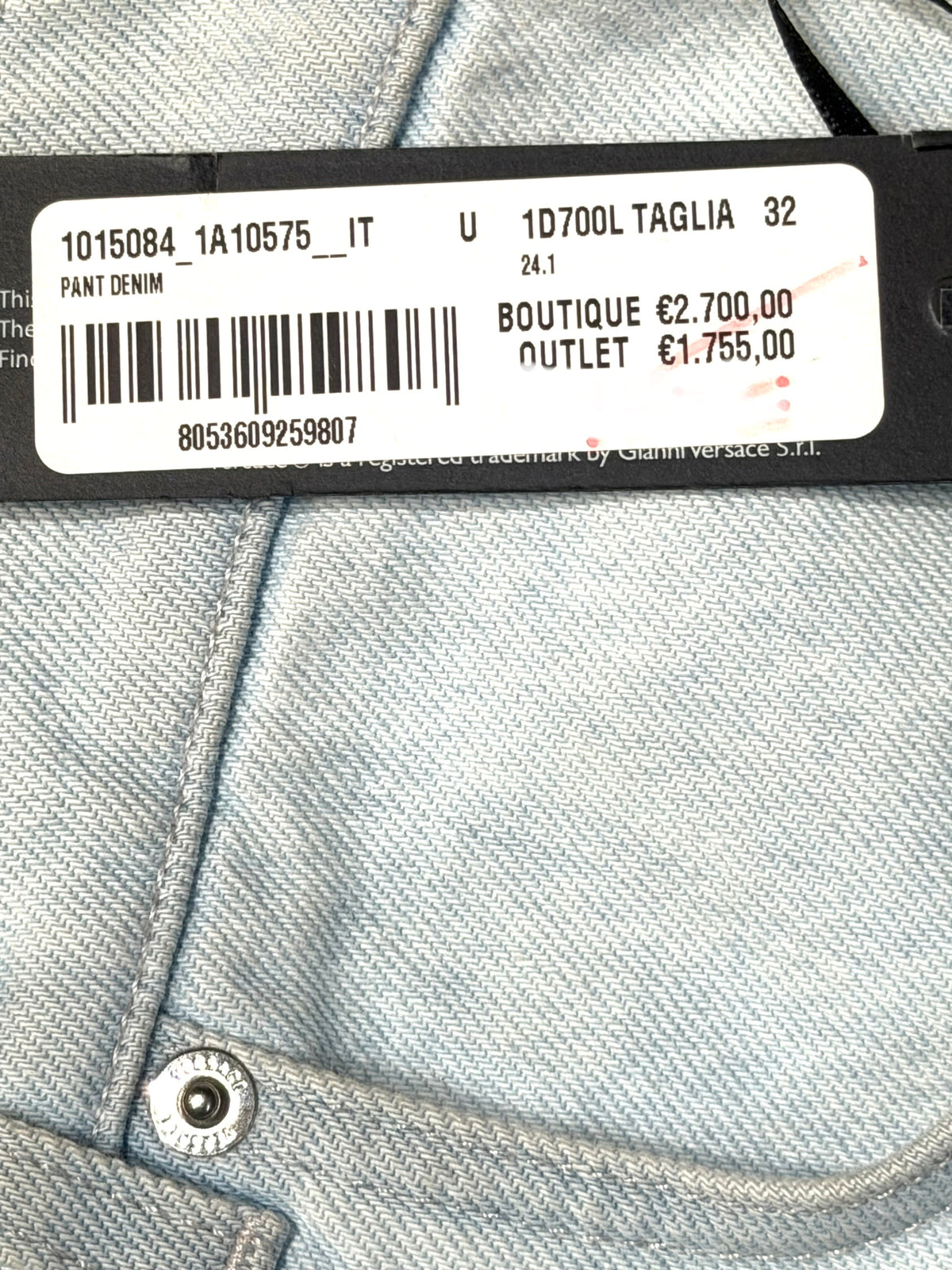 Versace luxury hand Embroidered light denim trousers/ jeans made in Italy, NOS w tags sz 32