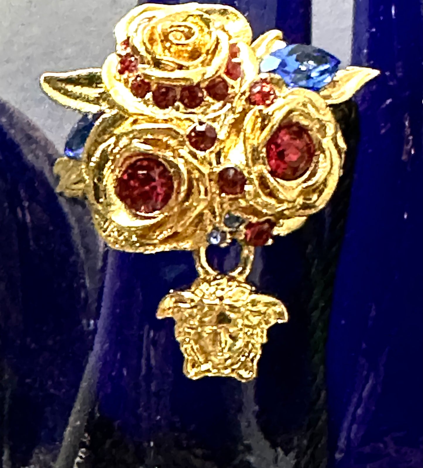 Versace gold plated floral ring with medusa charm and colorful rhinestones, BNWT boxed