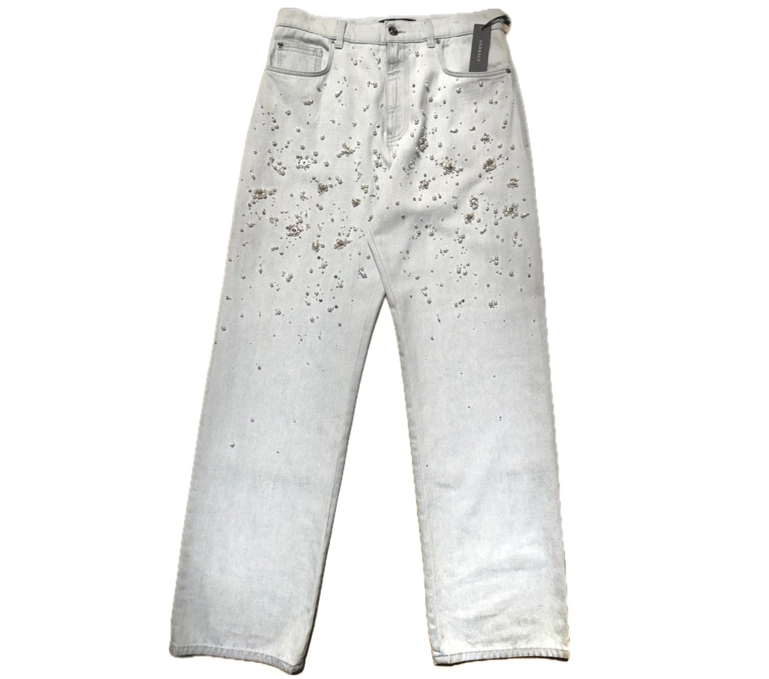 Versace luxury hand Embroidered light denim trousers/ jeans made in Italy, NOS w tags sz 32