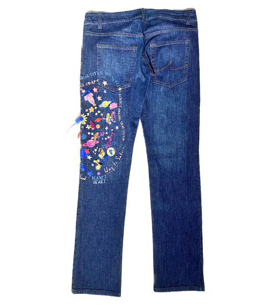 Iceberg Jeans fancy embroidered & printed planets / space jeans sz 29, NOS