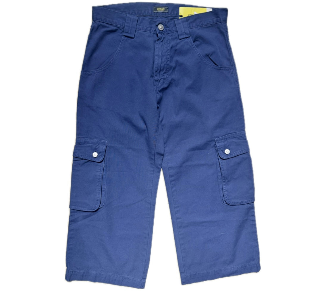 Versace Jeans Couture BNWT blue cotton capri cargo trousers w Medusa buttons, sz 28 & 30 available.