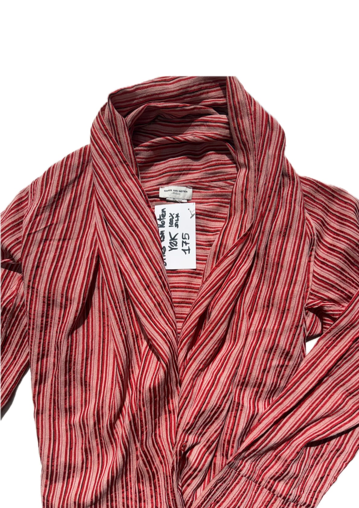 Dries Van Noten striped red-cream silk jacquard ladies blouse-top w hood-wide collar, sz M, perfect