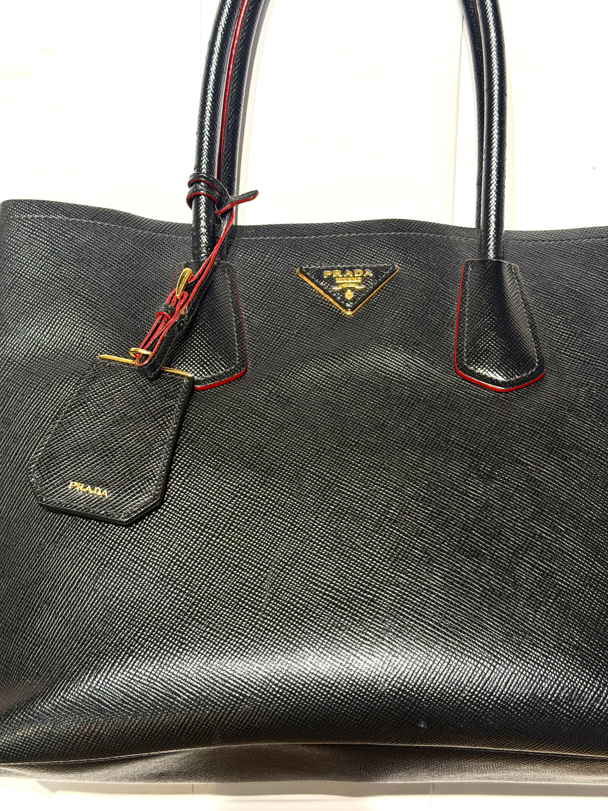 Prada Saffiano Double black leather Tote bag made in Italy, sz Large, perfect.