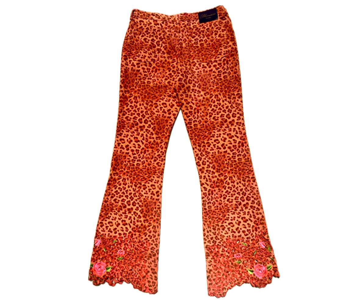 Blumarine bell-bottom animalier jeans w cutoff floral embroidery detailing, mint sz 46 -32US