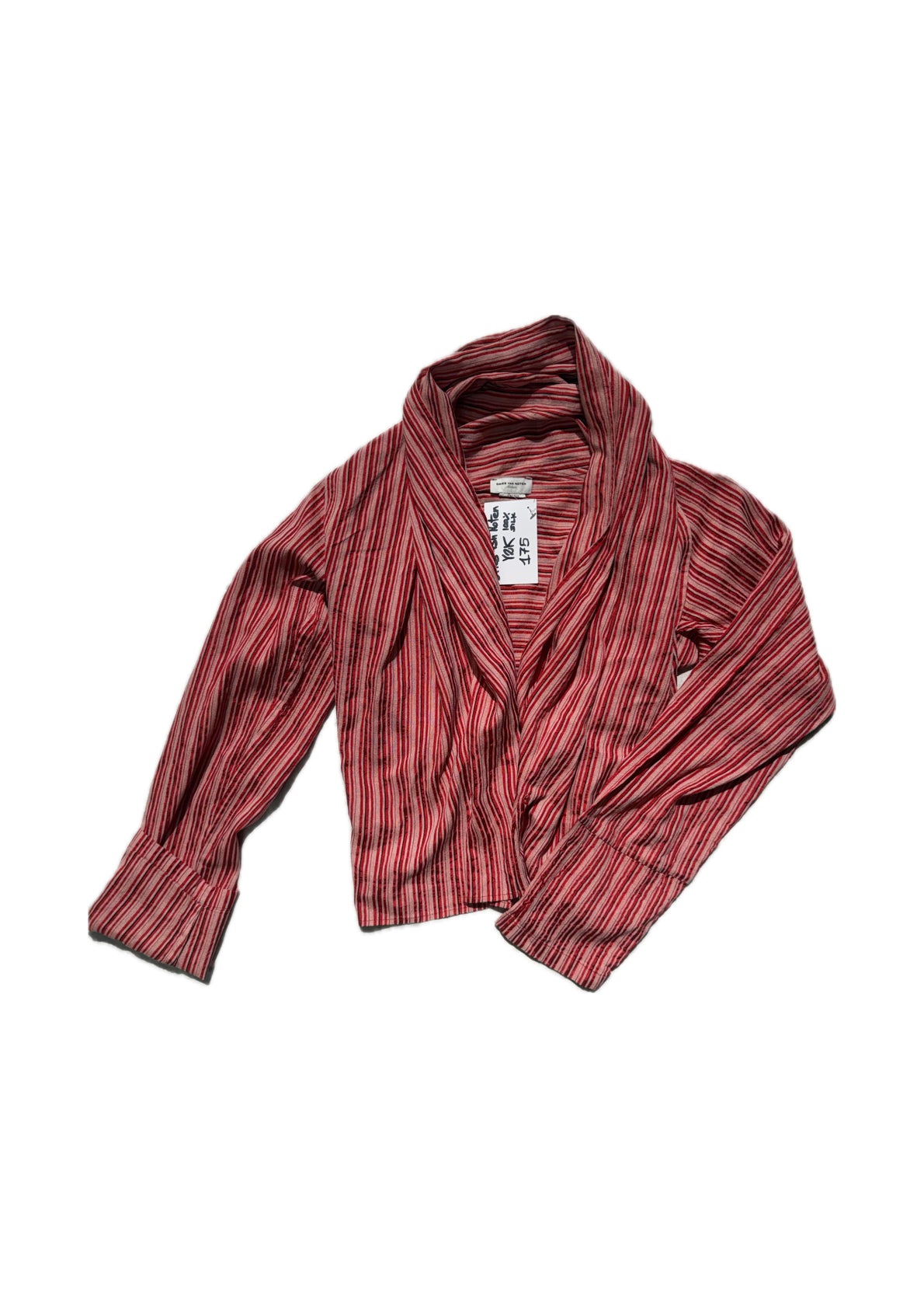 Dries Van Noten striped red-cream silk jacquard ladies blouse-top w hood-wide collar, sz M, perfect
